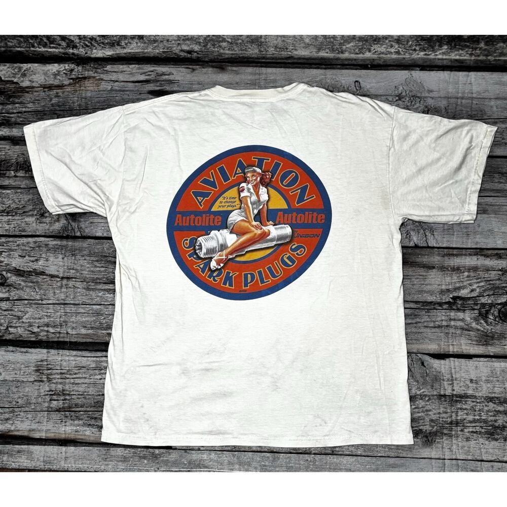 Vintage Autolite Aviation Spark Plugs Unison Tee Shirt White Mens XL Gildan